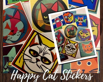 Happy Cat Stickers, digital collage printable, colorful art, Collage Pintable's, Printable Stickers