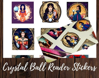 Crystal Ball Reader Stickers digital collage printable, colorful art, Collage Pintable's, Printable Stickers