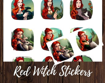 Red Witch Stickers digital collage printable, colorful art, Collage Pintable's, Printable Stickers