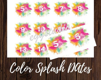 Printable Dates, Day of the week numbers, Calendar dates, water color, paint splatter, Collage Pintables, Numbers for Journals