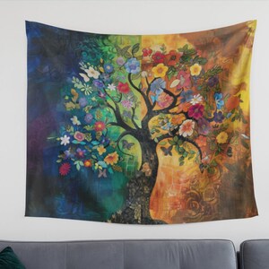 May include: A colorful tapestry featuring a large tree with vibrant flowers and butterflies. The tree is depicted against a background of blue, green, and yellow hues, creating a sense of nature and tranquility.
