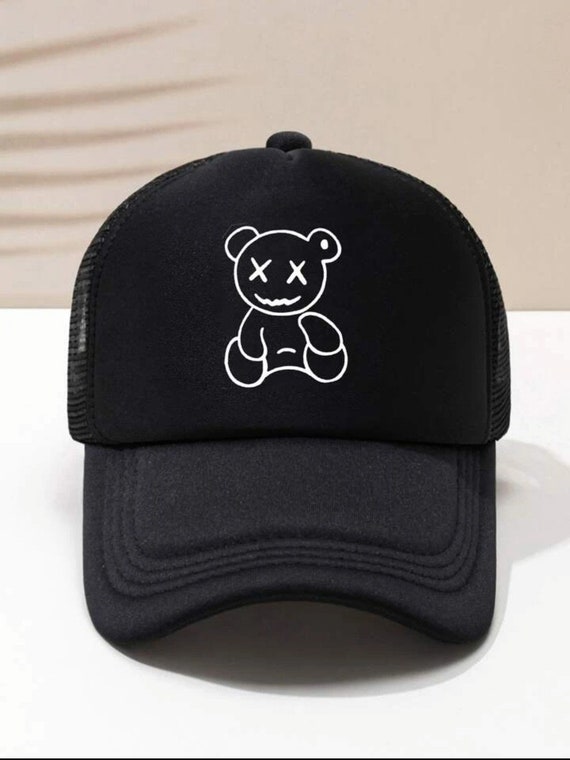 Cute Sad Bear Trucker Hat, Aesthetic Streetwear Cap, Minimalist Graphic Hat, Y2K Style Snapback, Unisex Trendy Casual Hat Gift