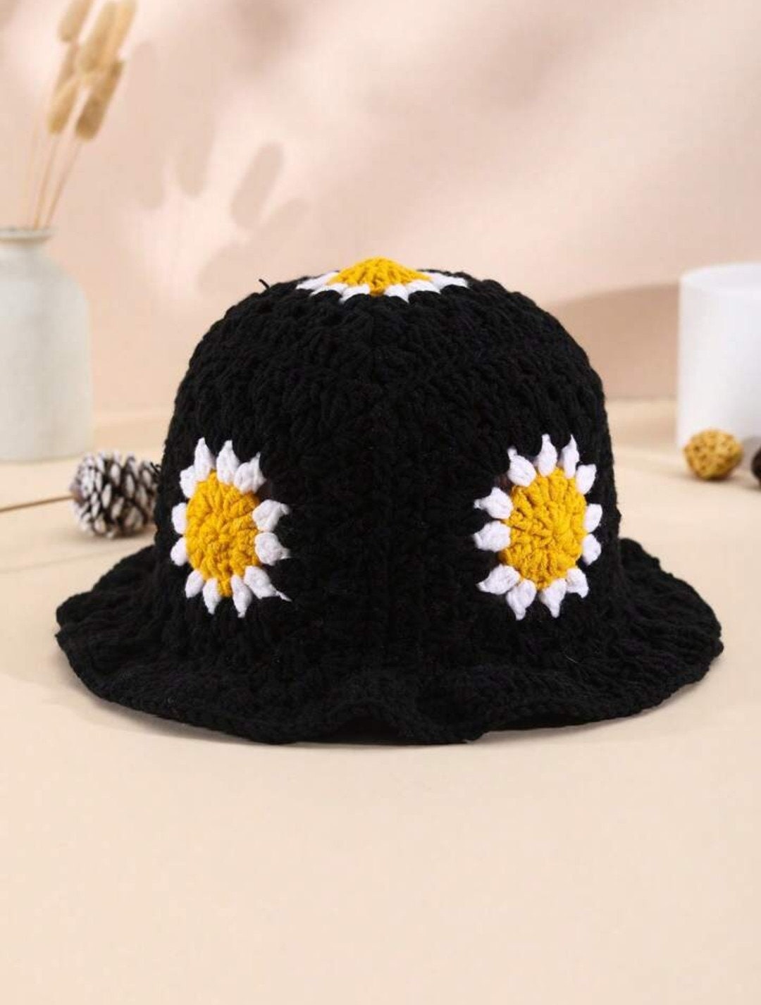 new black sunflower crochet bucket hat applique main image 1