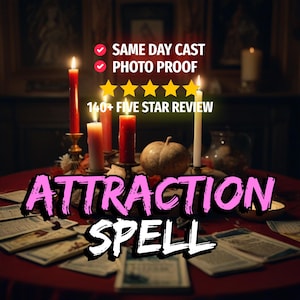 Könnte beinhalten: Ein pinkfarbener und schwarzer Textüberlagerung auf einem roten Tisch mit Kerzen, Tarotkarten und einem kleinen weißen Kürbis lautet "Attraction Spell". Der Text über der Überlagerung lautet "Same Day Cast, Photo Proof, 140+ Five Star Review".