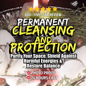 Puede incluir: Imagen con texto que dice "PERMANENT CLEANSING AND PROTECTION". La imagen incluye una vela encendida, flores blancas y hierbas verdes. El texto también dice "Purify Your Space, Shield Against Harmful Energies & Restore Balance."