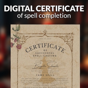 Puede incluir: Certificado digital de finalizaci&oacute;n de hechizo, con adornos de volutas y detalles florales. El certificado, con fecha del 25 de marzo de 2024, es para la realizaci&oacute;n exitosa de hechizos y se presenta a Brigitte Schwartz. El texto describe el prop&oacute;sito del hechizo.