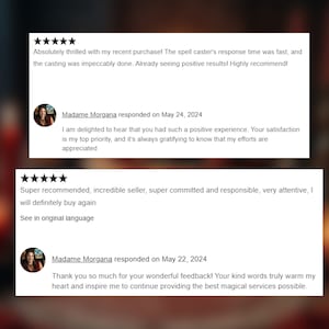 Puede incluir: Dos rese&ntilde;as de clientes con calificaciones de cinco estrellas. Las rese&ntilde;as elogian el tiempo de respuesta y el servicio del vendedor. Madame Morgana, la vendedora, respondi&oacute; el 24 de mayo y el 22 de mayo de 2024. Las rese&ntilde;as expresan satisfacci&oacute;n y recomiendan al vendedor.