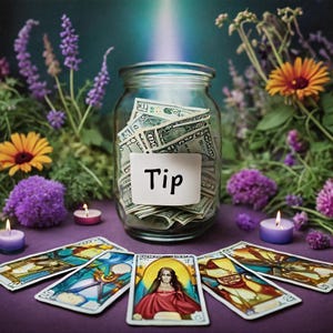 May include: A glass jar filled with US dollar bills, labeled "Tip", surrounded by tarot cards and candles on a purple surface.