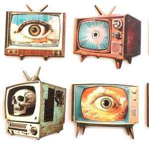 May include: Eight vintage television sets with a surreal eye design on the screen. The televisions are made of wood and have a retro look.