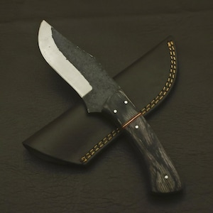 Hand Forged Carbon Steel Hunting Knife: Full Tang Wood Handle + Leather Sheath