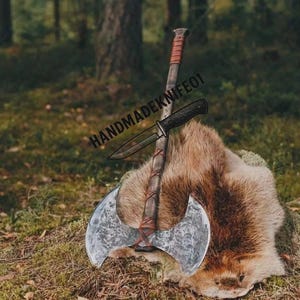 Handmade Double Blade Viking Axe: Carbon Steel Norse Axe with Leather Sheath