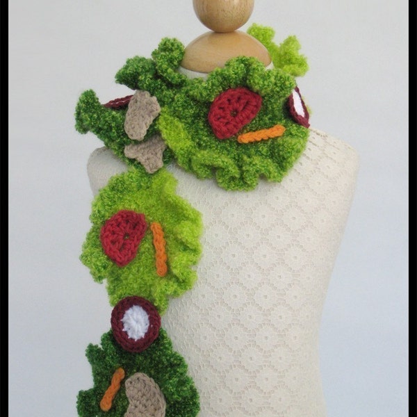 Crochet Pattern - Scarf - Vegan Salad - Mushroom - Spring - Summer - Radish - Tomato - carrots - Child - Adult - PDF