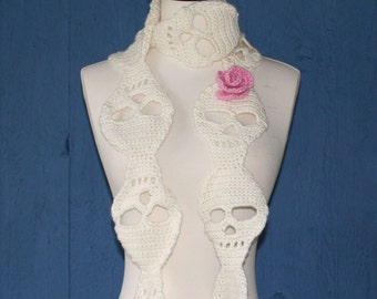 Crochet Pattern - Scarf - Elena Rose Skull - Skulls - Flower - White - Off White - Ivory - Pink - Child - Adult - PDF, PDF