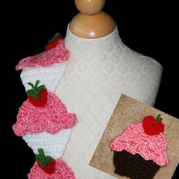 Crochet Scarf Pattern, Cupcake, Strawberry and Cherry, PDF