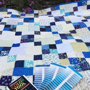 May include: A blue and white patchwork quilt with a book titled "Ultimate 3-in-1 Color Tool" and color swatches for different shades of blue.