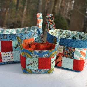 Patchwork Fabric Basket PATTERN, mini charm friendly, three sizes, Basket of Charms