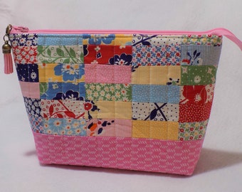 Patchwork Fabric Zipper Pouch, cosmetic bag, mini charm and scrap friendly, Creatively Yours Zipper Pouch