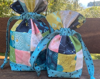 Patchwork Drawstring Bag PATTERN, Mini charm and Scrap friendly, Mini Charm Drawstring Bag