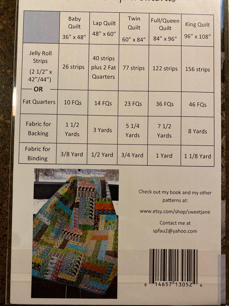 May include: A chart with instructions for making a quilt in different sizes. The chart lists the fabric requirements for each size, including jelly roll strips, fat quarters, backing fabric, and binding fabric. The chart also includes the dimensions of each quilt size in inches. The image also includes a photo of a finished quilt with a colorful patchwork design.