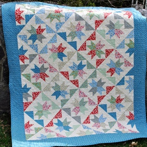 May include: A patchwork quilt with a blue border. The quilt is made up of various fabrics with floral patterns in shades of red, pink, blue, and green. The quilt is displayed on a grassy surface.