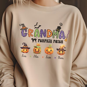 Personalisierte Oma Halloween Sweatshirt, kundenspezifische Nana Halloween T-Shirt, kundenspezifische Kinder Name Kürbis Patch, Oma Hexenkostüm, Halloween Geschenke