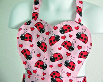 Child's Valentine Ruffled Apron with Hearts and Ladybugs