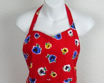 Full SweetHeart Neckline Apron in a Cheerful Red Floral Print