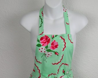 Full Apron in Aqua with Roses and Dots