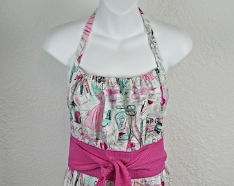 Full Pink and Turquoise Vintage Sewing Supplies Apron