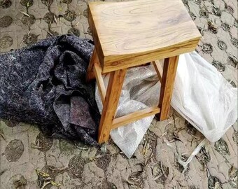 Vintage Elm Wooden Stool with Coin Motif