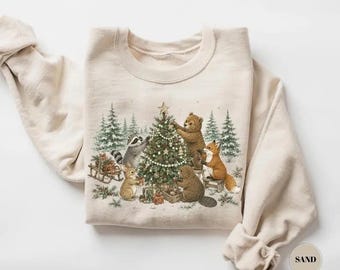 Woodland Christmas Tree Decorating Animals Shirt, Cozy Winter Forest Hoodie, Holiday Gift Sweatshirt, Rustic Nature Tee