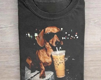 Comfort Colors Funny Dachshund Drinking Iced Coffee Shirt, Dog Shirt, Wiener Dog Hoodie, Sausage Dog Unisex Tee, Dog Lover Sweatshirt