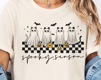 spooky season Cats Ghost Halloween Shirt, Funny Retro Spooky Tee, Halloween Costume Hoodie, Ghost Costume Sweatshirt, Cute Pumpkin Bat Tee