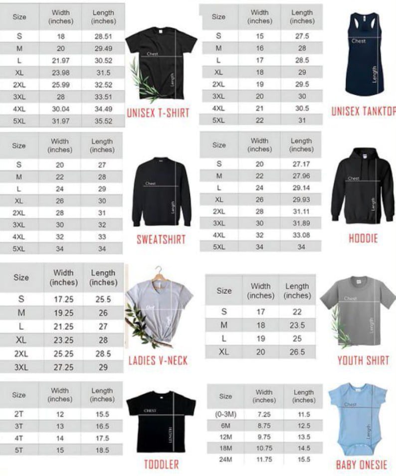 May include: A chart displaying t-shirt sizes, including Unisex, Ladies V-neck, and Youth shirts, with measurements in inches. The image also shows a black Unisex T-shirt, a black sweatshirt, and a black toddler shirt.
