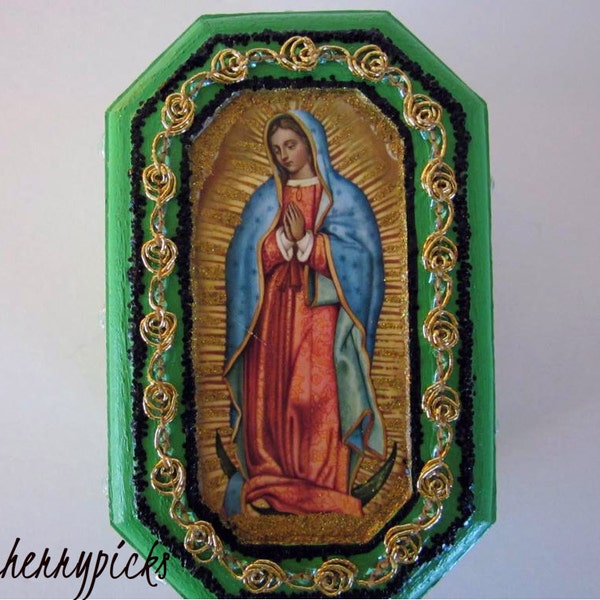 Virgen de Guadalupe Wood Jewelry Box Mexican Box Mexican Folk Art Day fo the Dead Dia De Los Muertos Box Ofrenda Decoration