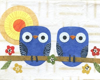 Blue Owlets on a Branch Print