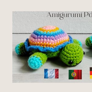 Baby Turtle No-Sew Pattern, No Sew Amigurumi Crochet Patterns, Soft Toy for kids in PDF US English, German,French ,Spanish and Portuguese.