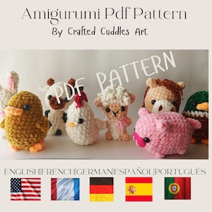Farm Animals Crochet Patterns  PDF 8 in 1,5 Languages US English ,German, Spanish, French & Portuguese,Farm Animals, Amigurumi Patterns PDF