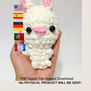 May include: A white amigurumi bunny with pink accents on the ears and nose. The image includes text that reads "Amigurumi Pdf Pattern" and "By Crafted Cuddles Art." The text also states "Pdf Digital File-Instant Download -No PHYSICAL PRODUCT WILL BE SENT-"