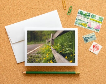 Blank Note Card - Buttercups Along a Wooden Fence Frameable Fine Art Photo Card with Envelope, 6.25"x4.5" (A6), Yellow Flower Stationery