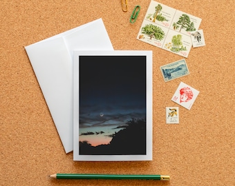 Carte de note vierge – Nuit avec croissant de lune, carte de photographie d'art encadrable avec enveloppe, 15,5 x 11,4 cm (A6), coucher de soleil, ensemble de papeterie