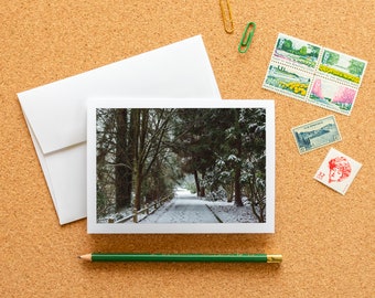 Carte de correspondance vierge - Snowy Winter Path Kenmore, État de Washington, carte photo artistique à encadrer avec enveloppe, 6,25 x 4,5 pouces (A6), papeterie PNW