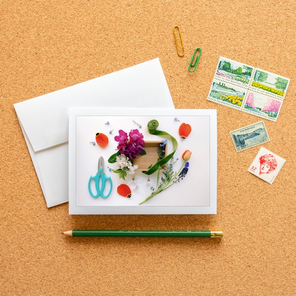Blank Note Card - Garden Cuttings Frameable Fine Art Photography Card with Envelope, 6.25"x4.5" (A6), Flat Lay Stationery, Gardener Gift