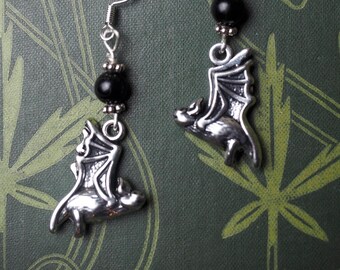 Bat and Lignite Jet Earrings with Sterling Silver Earwires - wicca, witchcraft, pagan,