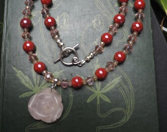 Carved Rose Quartz Necklace with Vintage glass & Ceramic Beads - For Love - Pagan, Witchcraft