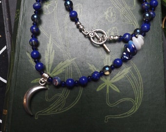 Once in a Blue Moon Necklace with Vintage Glass Beads - Pagan, Witchcraft, Lunar Magic, Luck