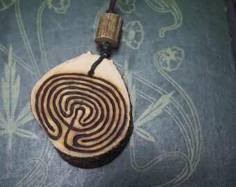 Rare Spindle Wood Labyrinth Pendant  - Spinning Magic  - For Pagans, Witches, Wiccans, Magic, Ritual, Ogham Tree, Forfedha