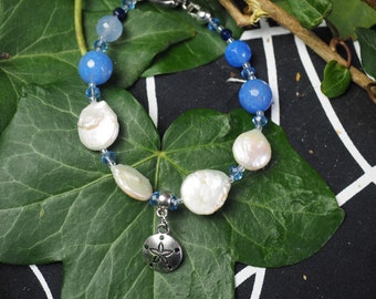 Sand Dollar, Pearl & gemstone - Stealth Pentacle - Charm Bracelet - Pagan, Witchcraft, Sea Magic, Upcycled beads