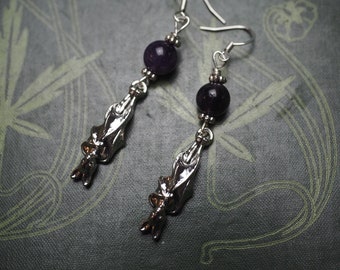 Bat and Amethyst Earrings with Sterling Silver Earwires - wicca, witchcraft, pagan, Halloween, Samhain