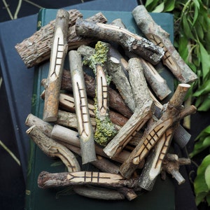 May include: A collection of wooden sticks with carved symbols, some with green moss, arranged on a dark green book.